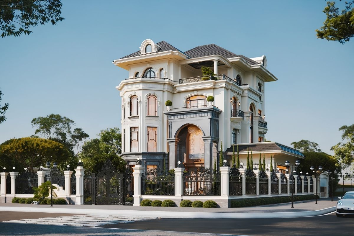 Báo giá dịch vụ thiết kế biệt thự Cần Thơ mới nhất 2026 8 Mẫu thiết kế biệt thự Cần Thơ tân cổ điển hiện đại hóa bằng gam trắng kem, đá, kính và kim loại để thuận tiện bảo trì lâu dài (Ảnh: Sưu tầm)