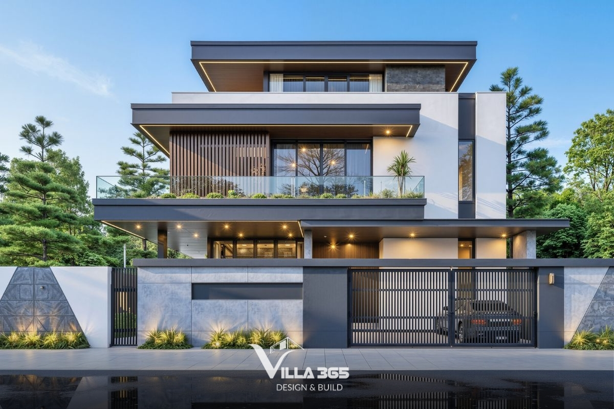 Báo giá dịch vụ thiết kế biệt thự Cần Thơ mới nhất 2026 16 Đá, kính, bê tông và vật liệu giả gỗ tạo nên kiến trúc biệt thự Cần Thơ hiện đại với hình khối tối giản nhưng vẫn sang trọng