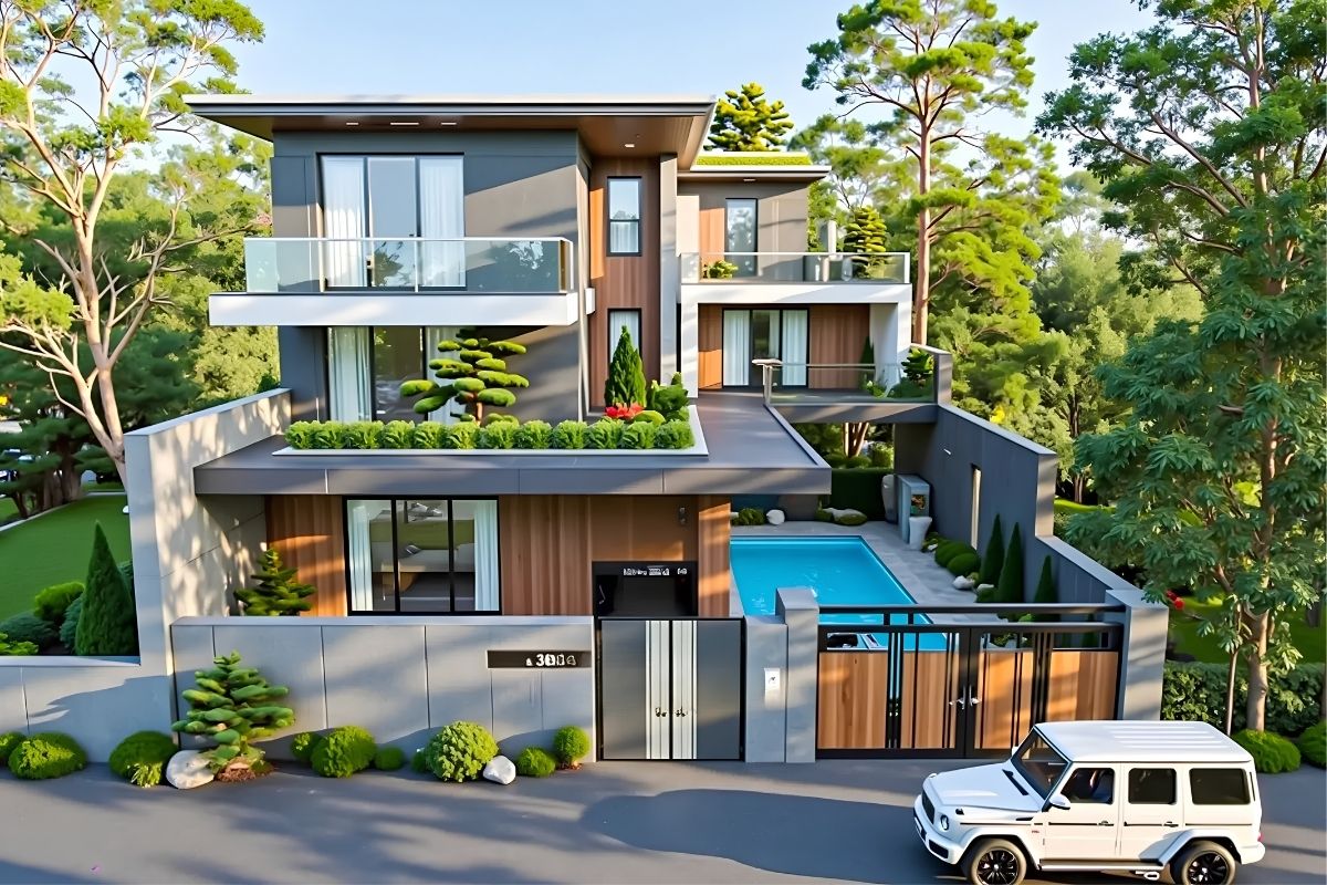 Mẫu thiết kế villa Đồng Nai kết hợp sân vườn, hồ bơi và khoảng hiên giúp gia chủ tận hưởng không gian thư giãn ngay tại nhà (Ảnh: Sưu tầm)