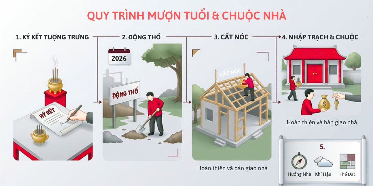 Quy trình mượn tuổi thường gắn với các nghi thức động thổ, cất nóc, nhập trạch và chuộc nhà sau khi hoàn thiện (Ảnh: Sưu tầm)