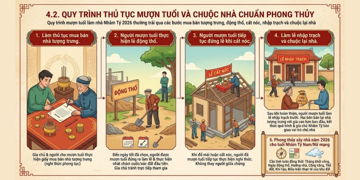 Quy trình mượn tuổi làm nhà Nhâm Tý 2026 thường trải qua các bước mua bán tượng trưng, động thổ, cất nóc, nhập trạch và chuộc lại nhà (Ảnh: Sưu tầm)
