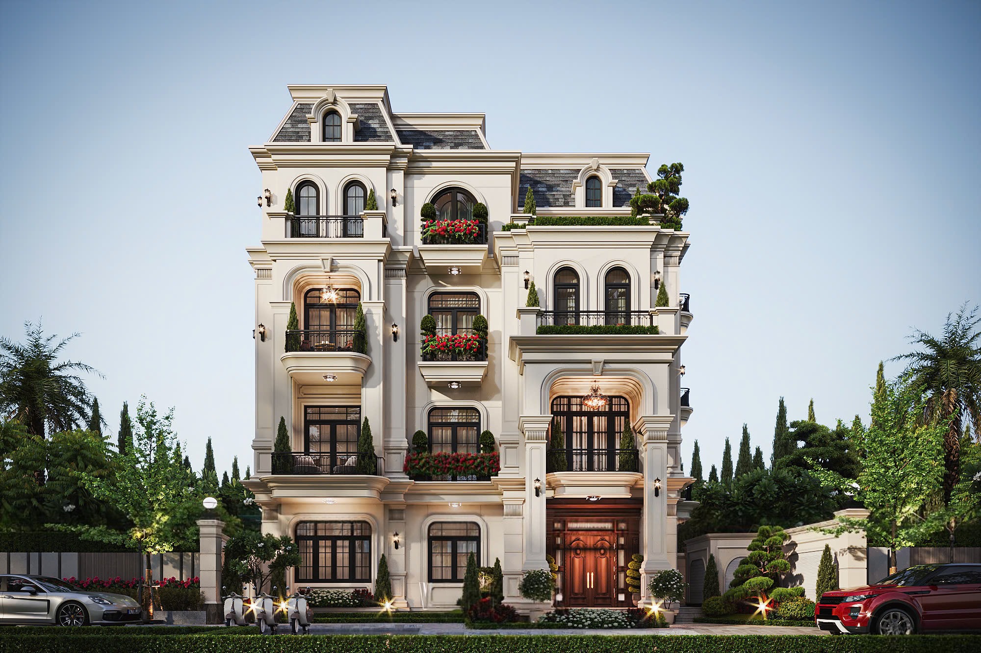 Biệt thự 4 tầng mái Mansard với hệ mái đặc trưng, mặt tiền cân đối và các chi tiết kiến trúc cổ điển sang trọng. ( Ảnh: Sưu tầm )