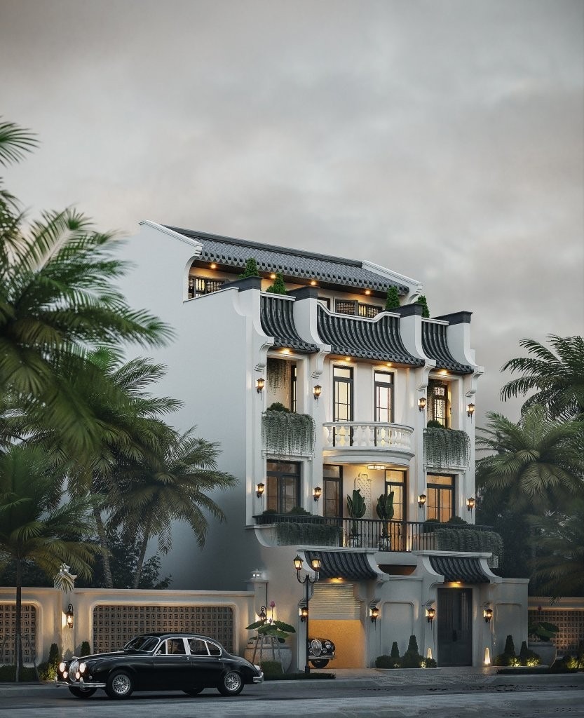 Biệt thự 4 tầng phong cách Indochine kết hợp kiến trúc Pháp và nét Á Đông qua mái ngói, cửa gỗ và vật liệu tự nhiên. ( Ảnh: Sưu tầm )