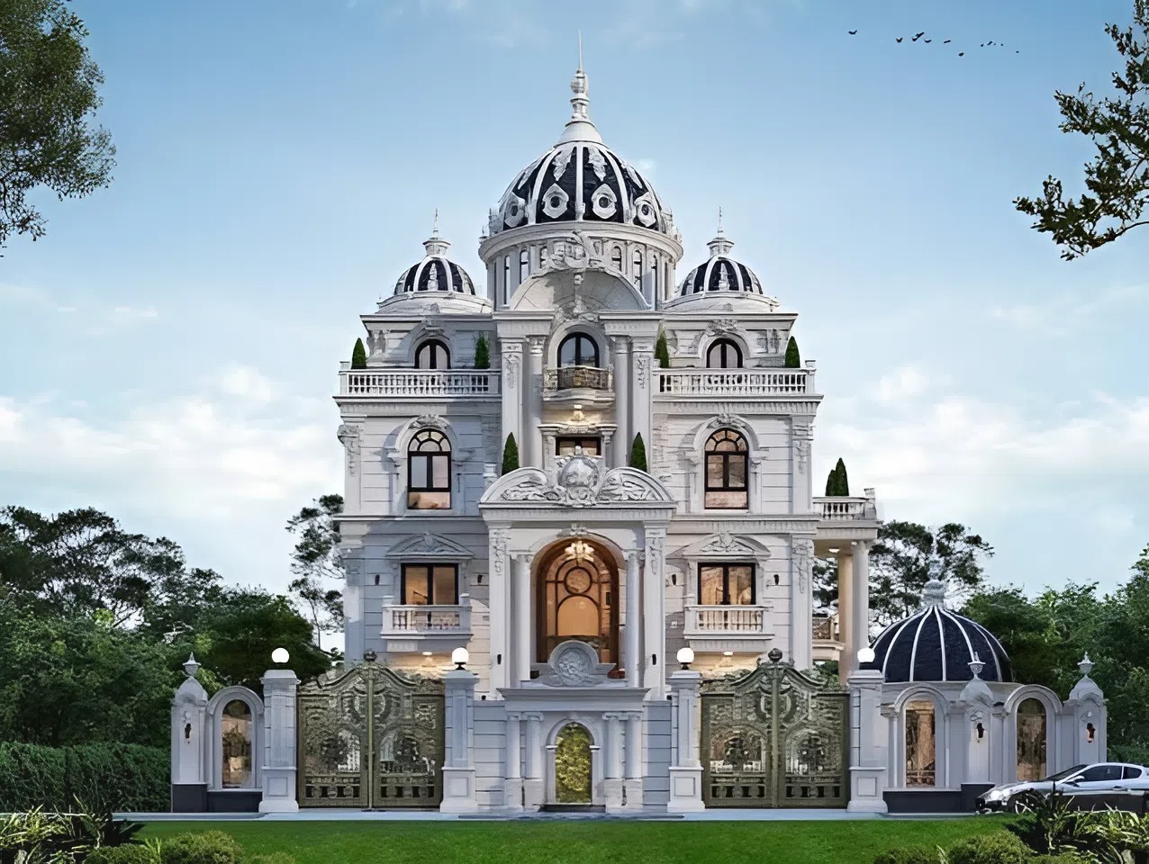 Biệt thự 4 tầng phong cách Pháp cổ điển với hệ cột, phào chỉ, mái Mansard và ban công sắt nghệ thuật. ( Ảnh: Sưu tầm )