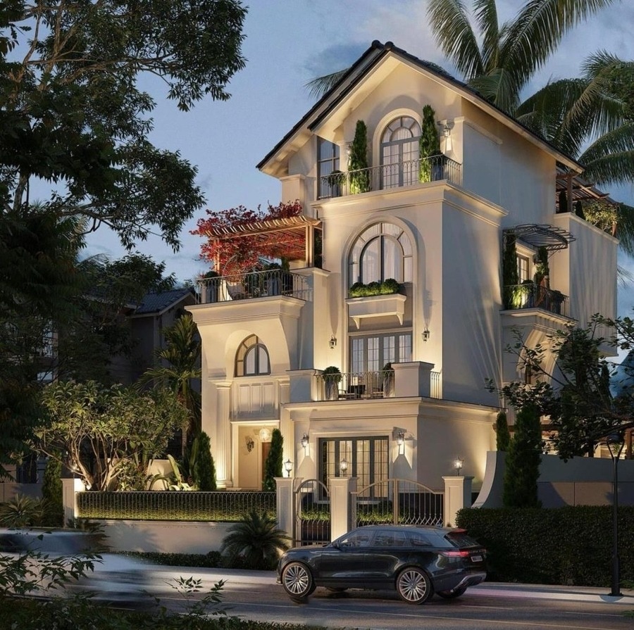 Biệt thự 4 tầng phong cách dinh thự với mặt tiền rộng, bố cục cân đối và không gian sống được tổ chức đa dạng. ( Ảnh: Sưu tầm )